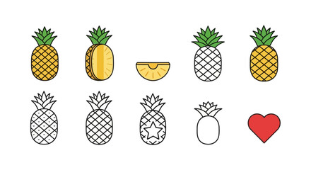 Colorful, illustrated pineapples in different forms and styles, along with a red heart, arranged on a white backdrop. Variations range from full color to outlines