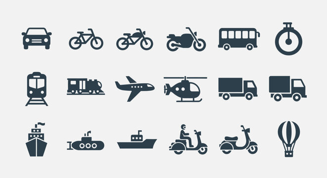A collection of simple, monochromatic icons representing various modes of transport, including land, air, and sea vehicles. Stopwatch, too. Ideal for design elements or UI/UX applications
