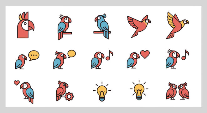 A set of colorful, vector-style parrot icons in various poses, including talking, flying, with musical notes, hearts, gears, and lightbulbs, on a plain background