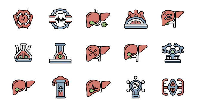A series of stylized medical or biological icons. Depictions include organs, circular designs, and lab equipment. Color palette consists of red, green, blue, and black outlines