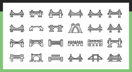 A collection of simple, black and white bridge icons, rendered in a line-art style. Various bridge designs are presented, each outlined. The image suggests a design set or a collection of graphics