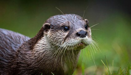 Close-up of a river otter, facing right, wet fur and whiskers, green background