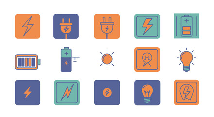 A collection of simple, colorful icons representing electricity, power, and related concepts. Includes symbols of lightning, batteries, plugs, and lightbulbs, on a neutral background