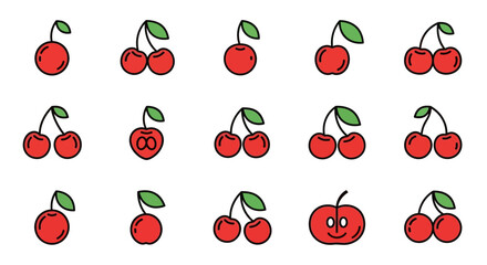 A collection of stylized cherry illustrations in a flat design style. The cherries are red with green leaves and black outlines, some are single and others are in pairs, and one has a face