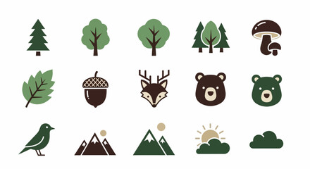 A flat design collection of stylized natural elements and woodland creatures, including trees, a leaf, animals, mountains, sun, mushroom, and cloud, set against a white background © gudangPIXEL