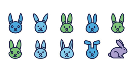 Cartoon illustrations of rabbits in various poses and colors, including heads and a full-body. The designs use a minimalist, modern style with a thick, dark outline