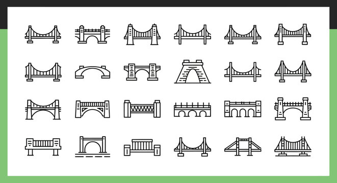 A collection of simple, black and white bridge icons, rendered in a line-art style. Various bridge designs are presented, each outlined. The image suggests a design set or a collection of graphics
