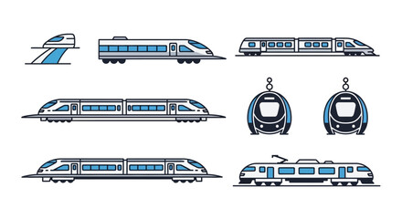 A collection of stylized illustrations depicting different high-speed train designs, shown in various angles and perspectives. The trains are white with blue accents