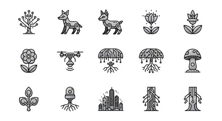 Futuristic monochrome icons showcasing nature integrated with technology, including animals, flora, and structures. The designs feature circuit board elements
