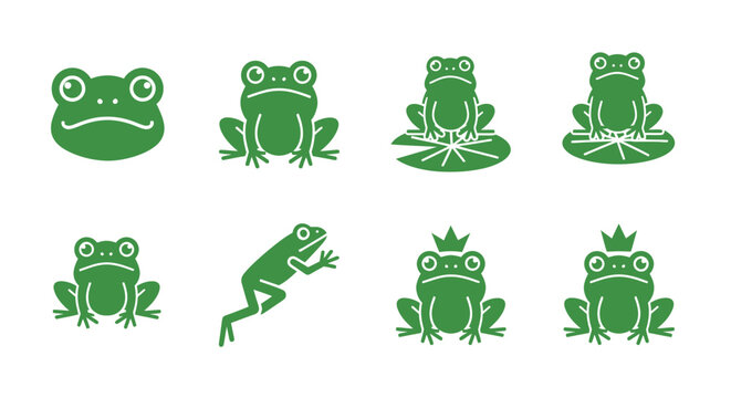 Eight green stylized frog illustrations in various poses. Some sit on lilypads, one leaps, two wear crowns, and one is just a head. All against a white background
