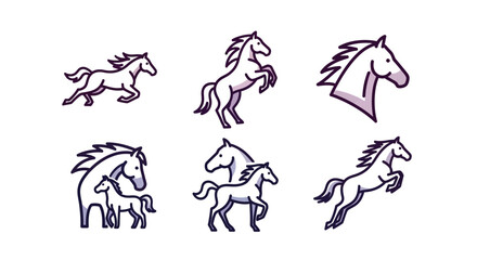 A collection of stylized horse illustrations, each in different poses and arrangements. Outlines are dark, with subtle interior color. Several depict multiple horses, or just a horse's head