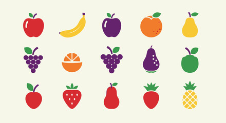 A colorful arrangement of simple fruit illustrations in various shapes, sizes, and hues, arranged on a cream background. The art style is flat with bold outlines
