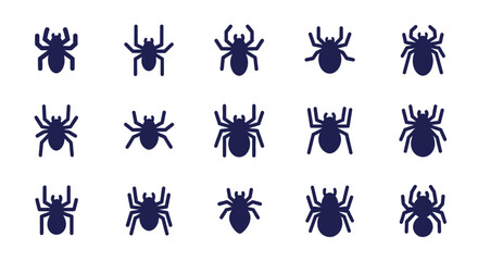 An arrangement of fifteen stylized arachnid figures of a uniform dark hue, set against a pristine white background. Each displays a simplified, symmetrical form