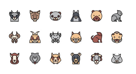 Fototapeta premium A collection of simple, colorful icons featuring various animal heads, including mammals and birds, presented in a flat design style with bold outlines