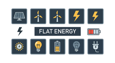 A flat design graphic showcasing various energy sources and symbols. Includes solar panels, windmills, lightning bolts, light bulbs, and battery icons. The text 