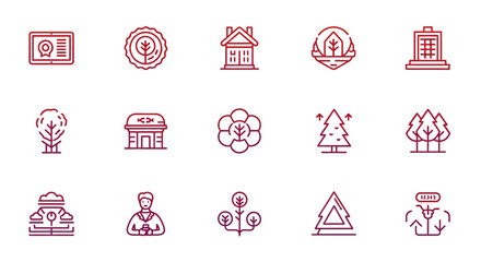 A set of 15 minimalistic, linear icons, primarily in shades of red, depicting concepts like certifications, nature, buildings, and scientific diagrams. The style is modern with a gradient effect