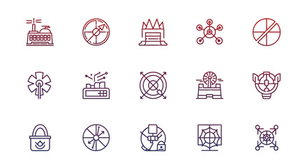 A series of line-art icons in a gradient color scheme, depicting various technological and industrial concepts. The shapes include circles, factories, and interconnected systems