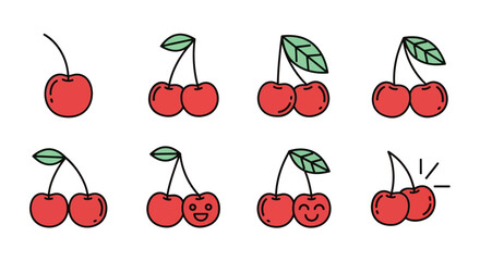 A collection of stylized red fruit with green leaves, varying from single cherries to pairs with facial expressions and sparkles, all on white