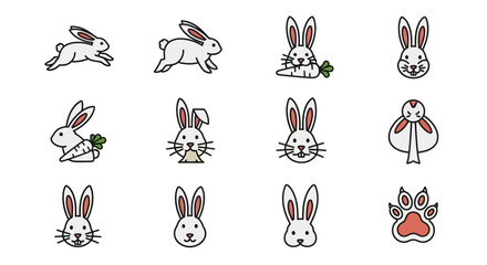 Stylized illustrations of rabbits in various poses and expressions, featuring carrots and a paw print. The drawings use simple lines, white, red, and black with colored accents