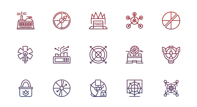A series of line-art icons in a gradient color scheme, depicting various technological and industrial concepts. The shapes include circles, factories, and interconnected systems