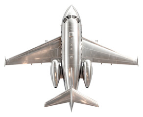 Top view of a silver private jet isolated on transparent background