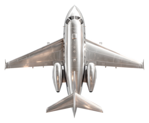 Top view of a silver private jet isolated on transparent background