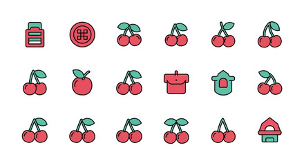A collection of red and green icons, featuring cherries, containers, and abstract shapes, arranged in a grid-like pattern. Simple, geometric designs with bold outlines