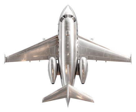 Top view of a silver private jet isolated on transparent background