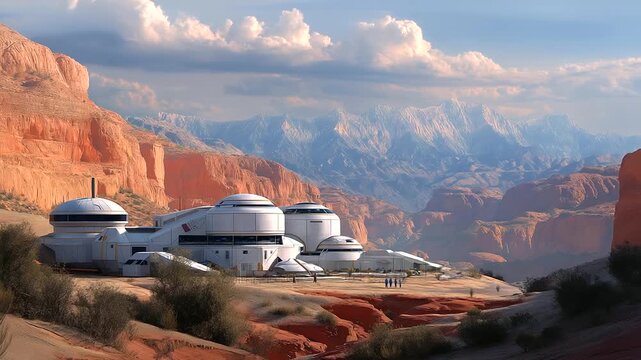 Venus colony outpost acid-resistant domes, explorers suiting up, harsh beauty, photorealistic captured by a inner planet settler artist.