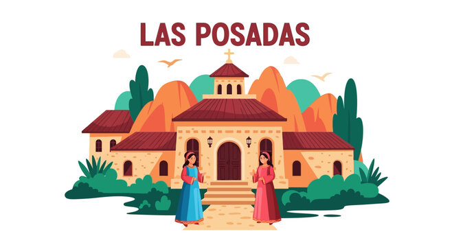 Illustration depicting Las Posadas, a traditional Mexican celebration, with festive elements