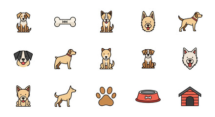 A collection of stylized dog-related icons, including dog breeds, food bowl, bone, paw print, and a dog house. All icons have a simplistic, illustrated design with a flat appearance