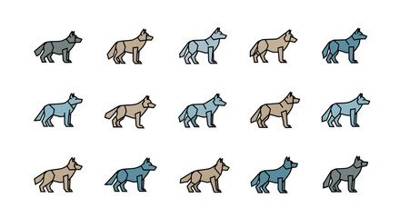 A collection of stylized wolves, each rendered in a geometric style with a black outline and varying muted color palettes. The wolves face left