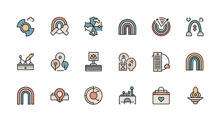A collection of 15 colorful, stylized, outlined icons with a soft palette, each representing a different concept, from data visualization and target shooting to communication and love