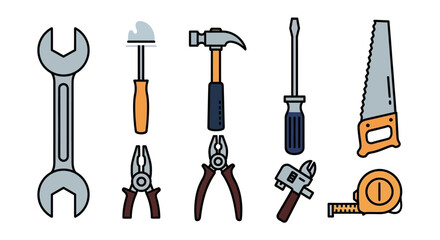A flat illustration showcases various hand tools arranged against a white backdrop. Included are a wrench, putty knife, hammer, screwdriver, saw, pliers, adjustable wrench, & tape measure