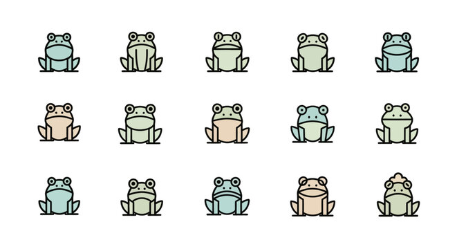 Fifteen stylized frog illustrations in varying colors and geometric shapes, outlined with black. They appear front-facing and stylized with simplistic features. The layout is three rows of five