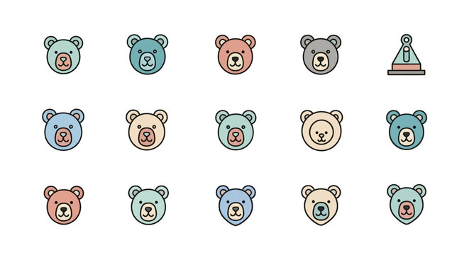Cartoon icons depict various teddy bear faces in different pastel colors. Each bear has a round face with ears, eyes, a nose, and mouth. One icon shows a party hat