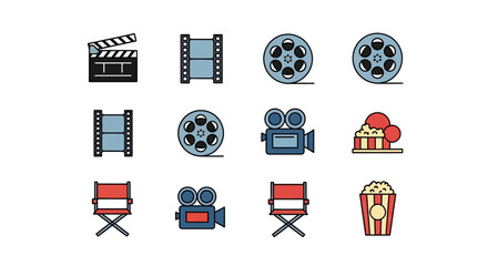 Vector icons representing elements of the film industry, including clapperboard, film reels, cameras, director's chairs, and popcorn. Outlined, flat style, colorful