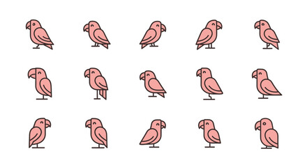 A pattern of stylized pink birds with black outlines on a white background. Each bird has a large beak, small eye, and appears to be standing. Various poses arranged in multiple rows
