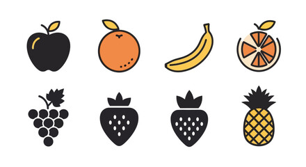 Colorful, stylized illustrations of various fruits, including an apple, orange, banana, grape, strawberry, orange slice, and pineapple, all with a simple, clean design