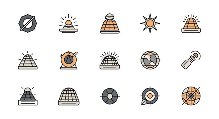 A collection of 15 colorful icons, with a clean and minimalistic design.  Many geometric shapes, with lines and radiating light