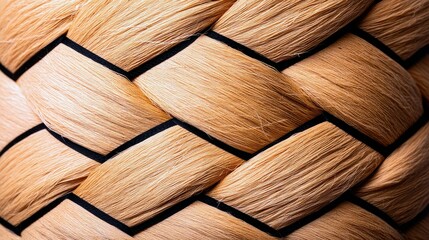 A detailed, abstract macro shot of a thick, tightly woven rope made of natural fibers, with black binding highlighting the braided pattern.