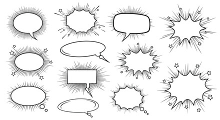 Collection of diverse comic book style speech bubbles and explosion shapes for creative design.