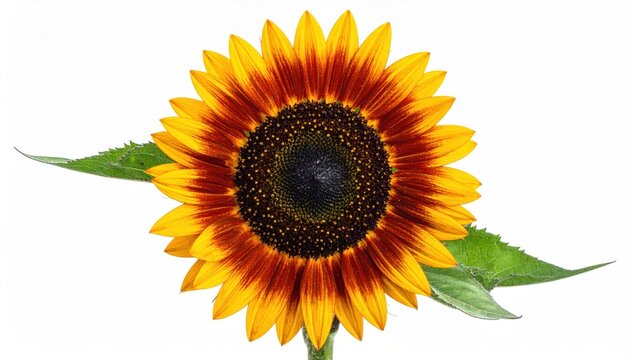 Close-up of a vibrant sunflower with green leaves