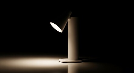 Modern minimalist white desk lamp illuminated against a dark black background.
