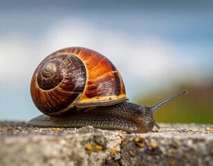 Close-up of a snail with a spiral shell on a stone wall