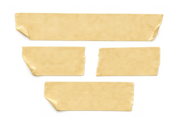 Beige masking tape strips with torn edges and curled corners, creating a vintage collage element on transparent background