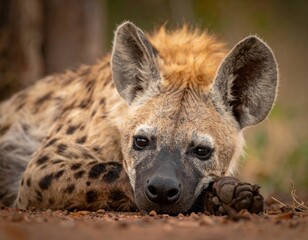 Close-up of a spotted hyena resting on the ground, looking at the camera