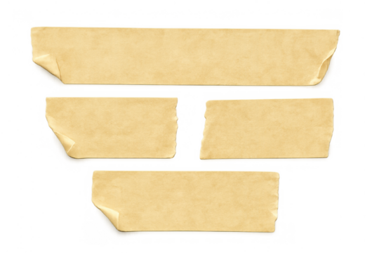 Beige masking tape strips with torn edges and curled corners, creating a vintage collage element on transparent background