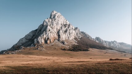 Majestic rocky mountain landscape with dramatic cliffs and serene grassy fields under clear blue sky in a tranquil natural setting