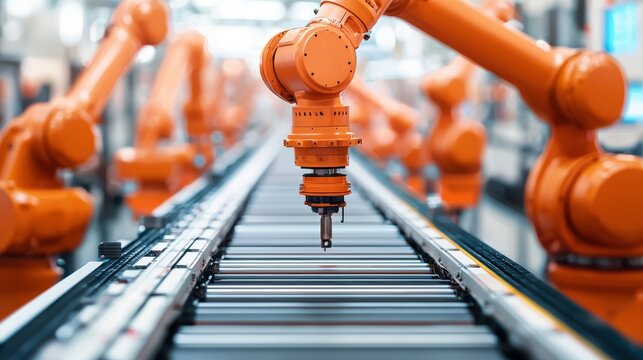 Industrial robotic arm working on assembly line in modern factory, automation technology for manufacturing, precision engineering and production efficiency - Powered by Adobe